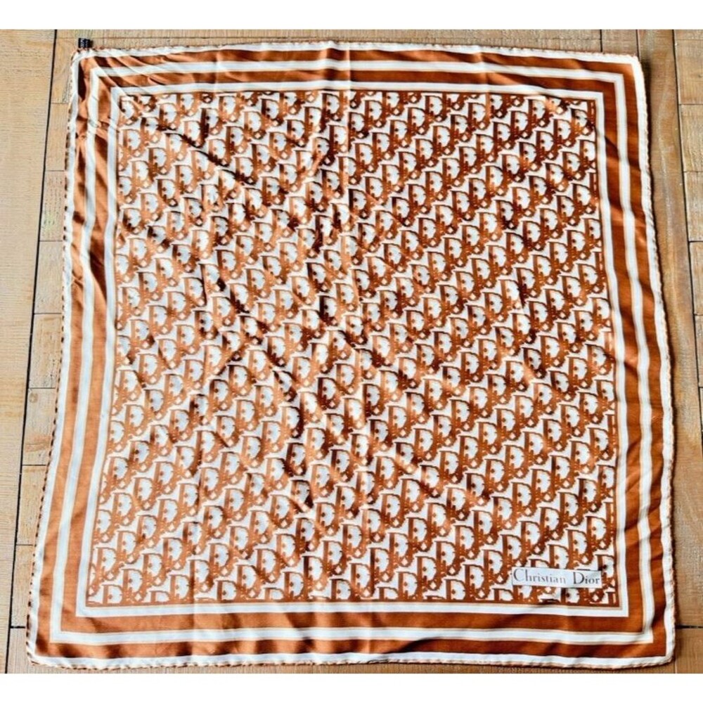 Christian Dior Silk Ivory Brown Trotter Square Scarf Luxury Old Money Classic - Picture 3 of 6